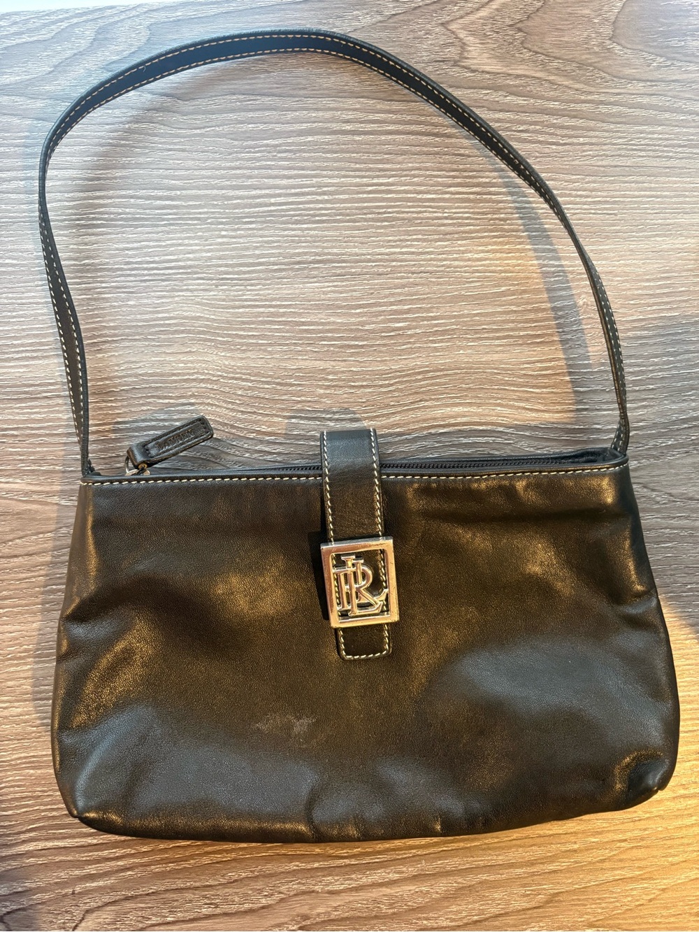 Vintage Lauren Ralph Lauren Black Leather Baguette Shoulder Bag Y2K Purse Logo